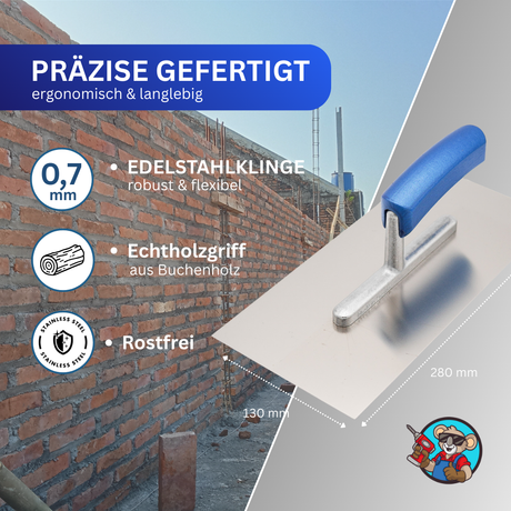 Glättekelle Edelstahl rostfrei – Blauer Buchenholzgriff – Profi Qualität