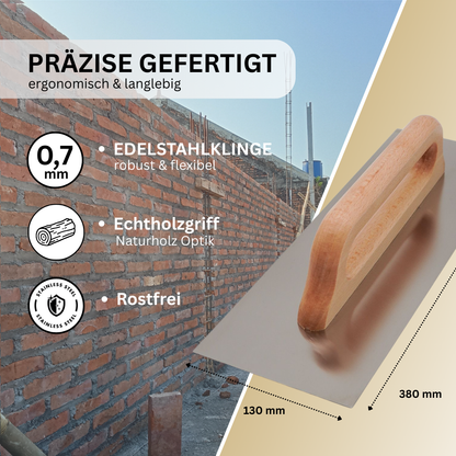 Kompakte Glättekelle Edelstahl – Naturholzgriff – 380 × 130 mm – Profiqualität